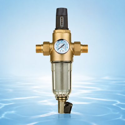 BriskSpring Ganzhaus Manuelle Spülung Wasserfilter mit 40 Mikron Edelstahlgewebe, integriertem Manometer und Premium H59-1 Messinganschluss