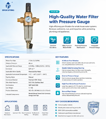 BriskSpring Ganzhaus Manuelle Spülung Wasserfilter mit 40 Mikron Edelstahlgewebe, integriertem Manometer und Premium H59-1 Messinganschluss