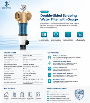 BriskSpring T1-Z2-BS Doppelseitiger Schabefilter für das gesamte Haus mit 40-Mikron-Filterung und Manometer