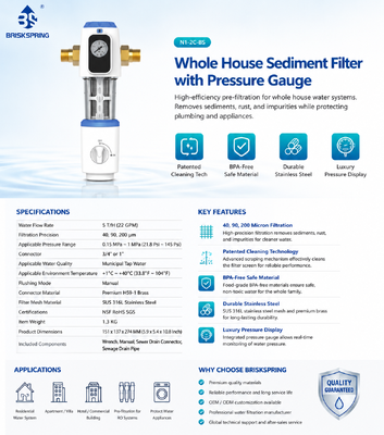 BriskSpring N1-2C-BS Vorfilter für das gesamte Haus mit 40 Mikron Filtration und SUS316L Edelstahl-Gitter
