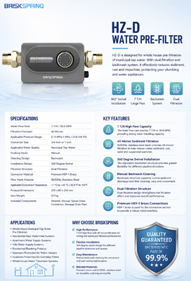 BriskSpring HZ-D 40 Mikrometer Ganzhaus Sediment Vorfilter mit 7 T / H Fluss und 360 Grad Drehinstallation